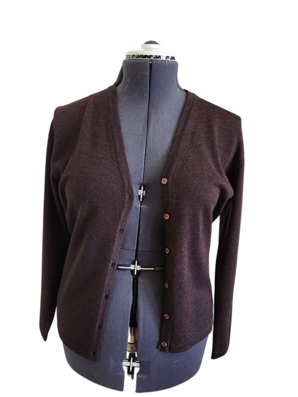 Vintage Cascia Brown Merino Extra Fine Wool Button-Up Cardigan Sweater Long Slee